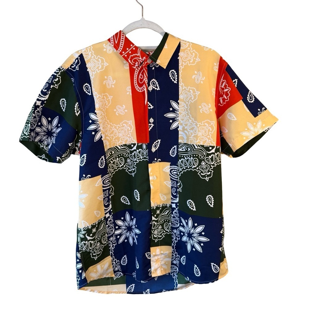 Rocawear Colorful Bandana Print Patchwork Y2K Festival Button Down Shirt Size L